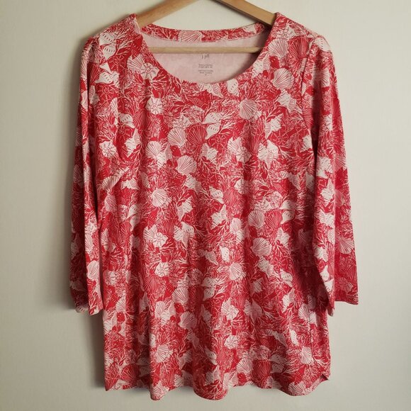 J Jill Womens Pima Cotton Tee M Red Seashell Print Relaxed Fit Knit Top - Picture 1 of 8